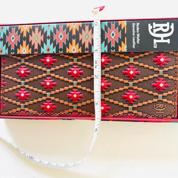 Red Dirt Hat Co Mens Brown Red Aztec Leather Slim Rodeo Bifold Wallet NIB - Picture 8 of 8